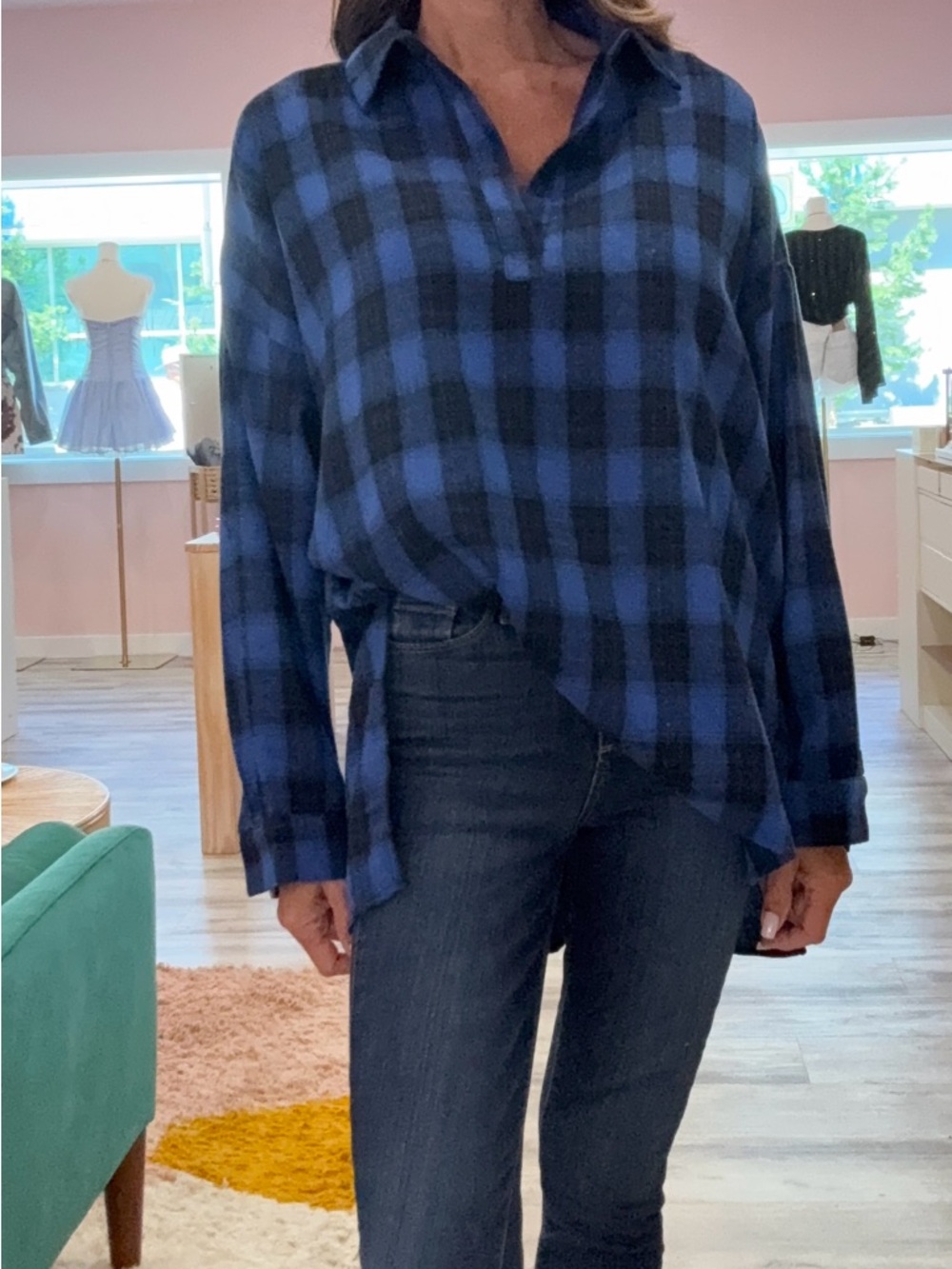Women’s Blue and Black Plaid Buttonless Collared Shirt